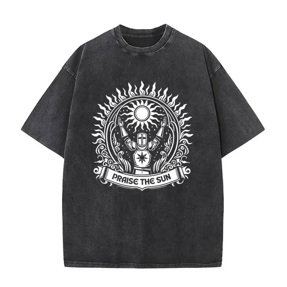 Game Dark Souls Praise The Sun Graphic Washed T-shirt Men Women Gothic Rock Oversized T Shirts Men's Casual Vintage Tee Shirt