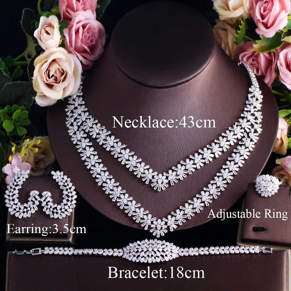 CWWZircons 4 Pcs Sparkling Cubic Zirconia Big Two Layered Necklace Wedding Bridal Festive Dubai Jewelry Sets for Women T742