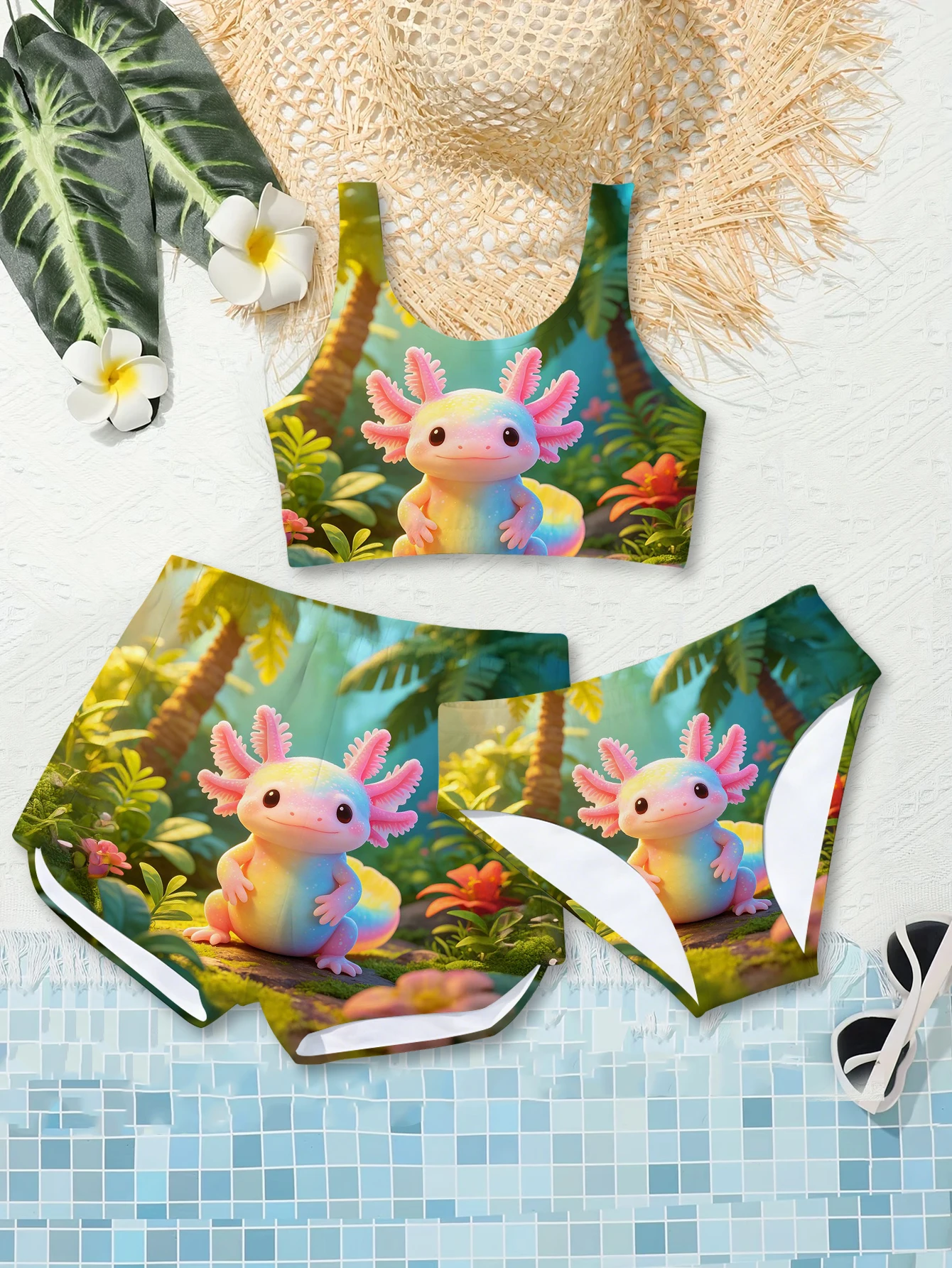 Girls' Summer Style Atmospheric Salamander Fashion Three Piece Swimsuit Casual Sportswear
