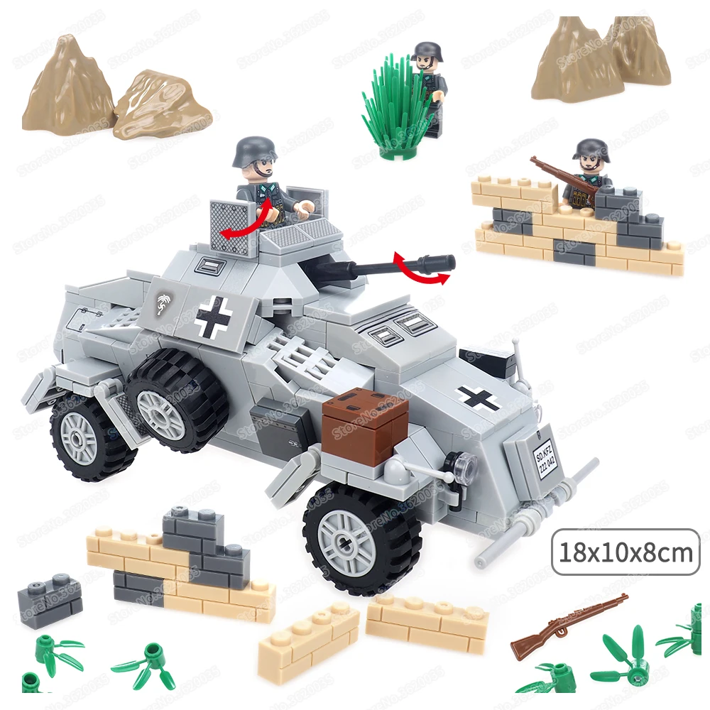 Military WW2 Sd.Kfz.222 Building Block Assemble Army Figures Four Wheels Armor Scout Car Weapons Turret Model Child Gift Boy Toy