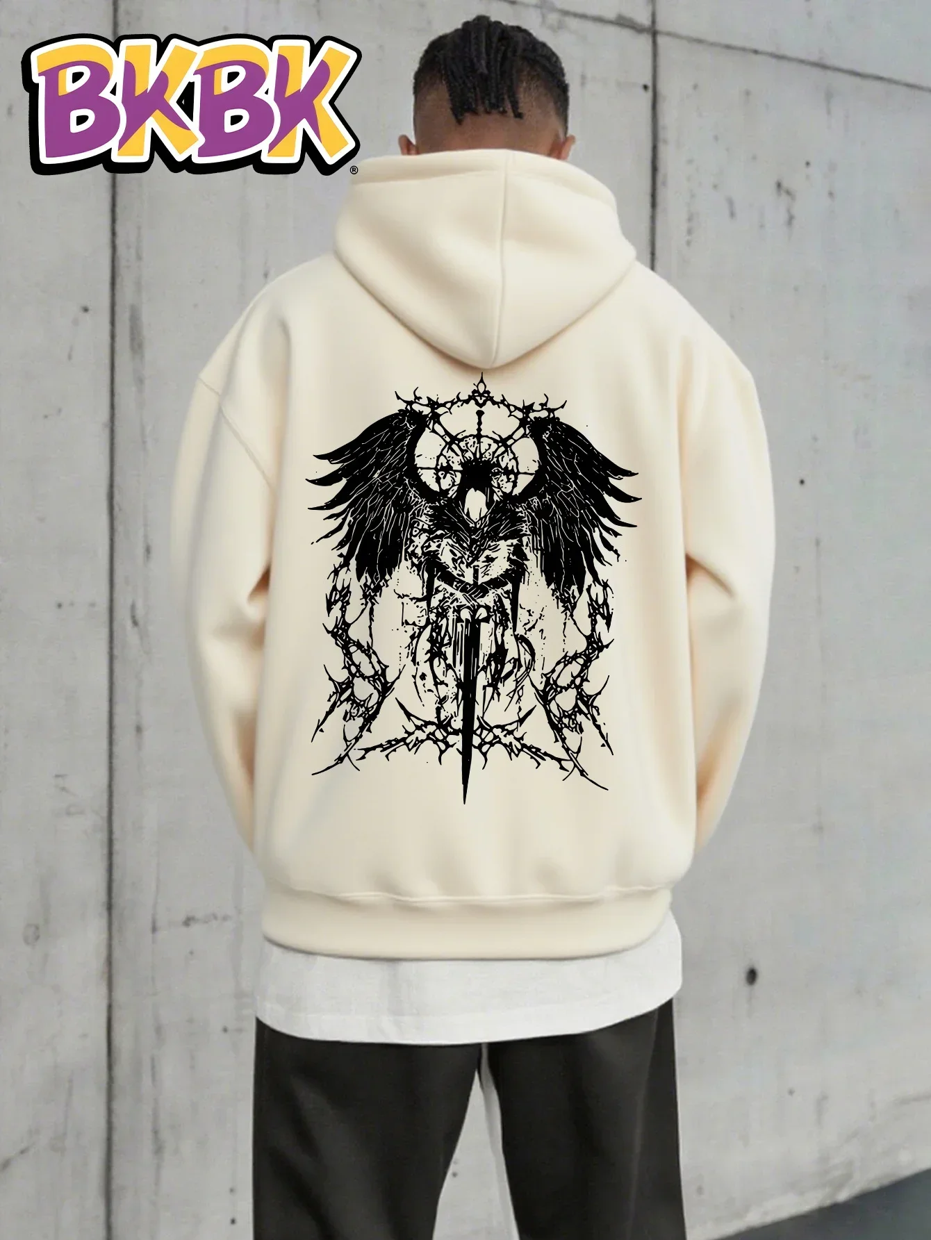 Gothic Angel Sword Back Print Hoodie Men Dark Thorn Wing Graphic Sweatshirt Casual Long Sleeve Hip Hop Streetwear Pullover