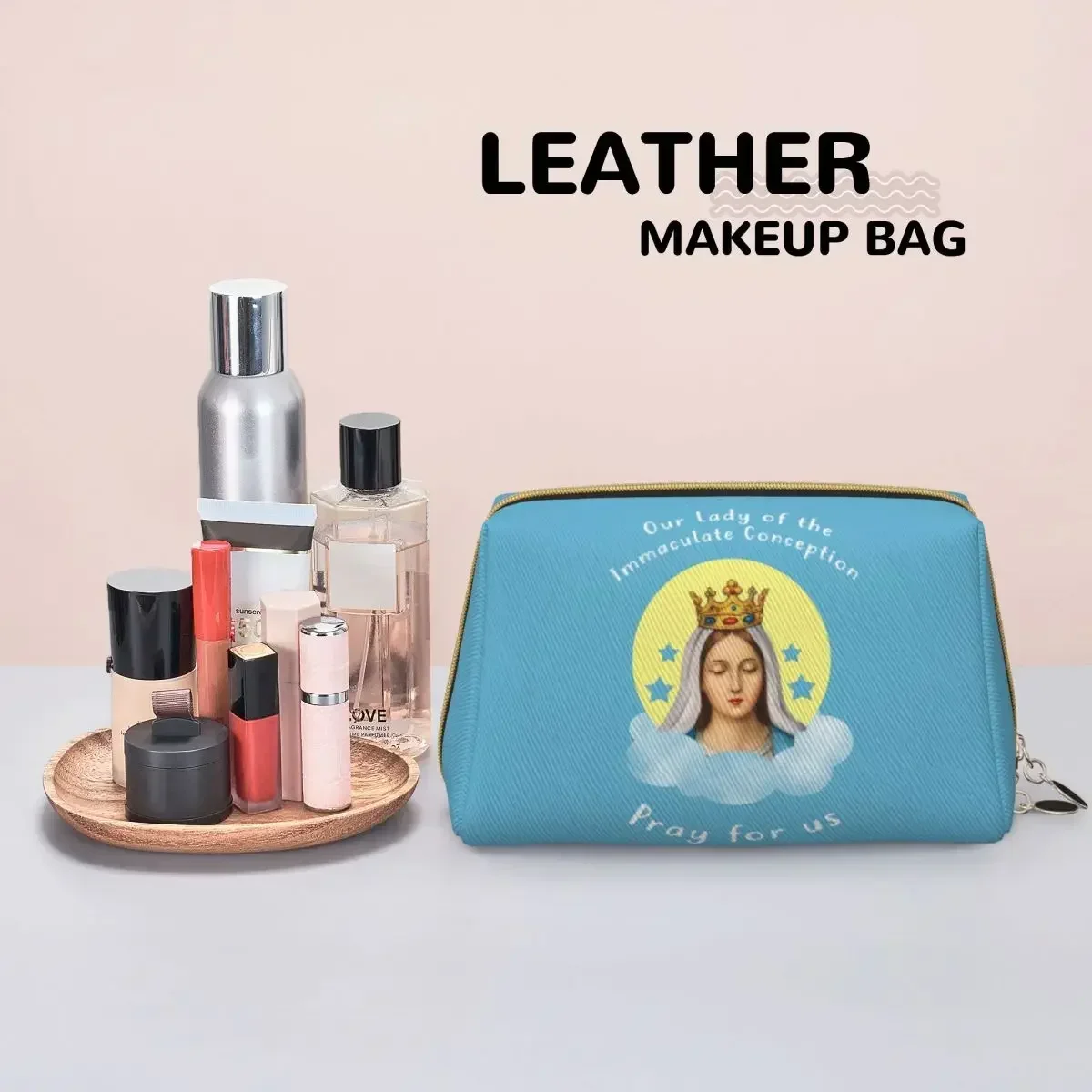 Lady Of The Immaculate Conception Cosmetic Bag Waterproof Leather Makeup Pouch Washbag Fatima Toiletry Kit