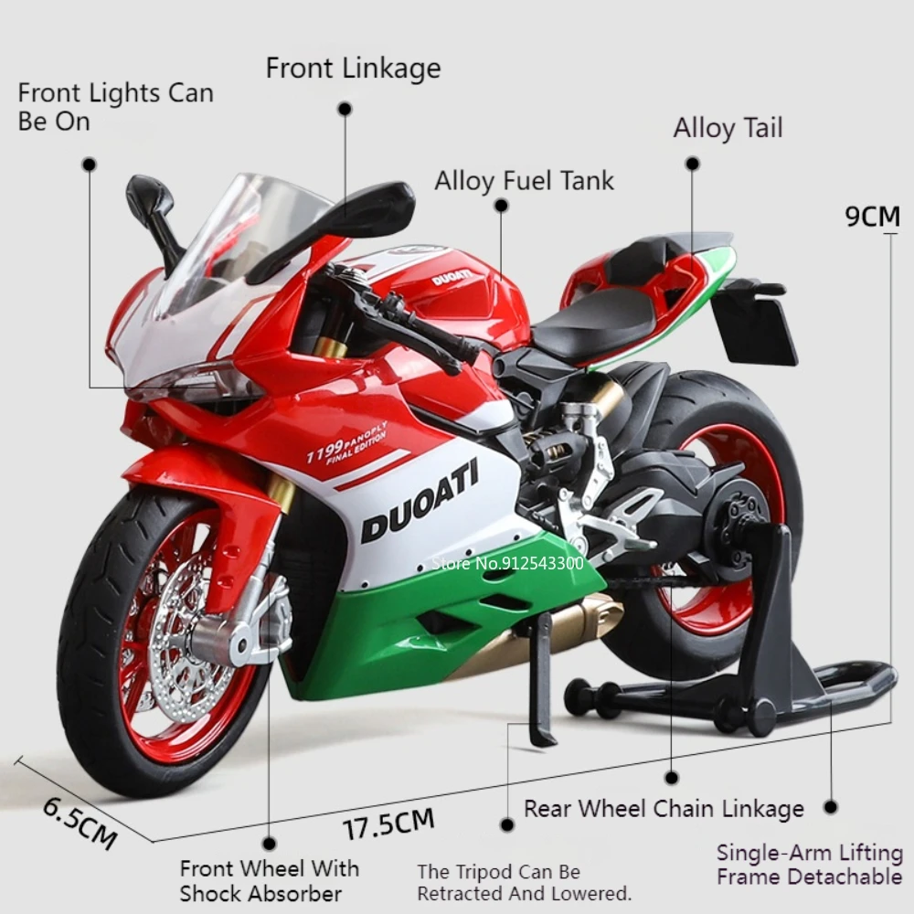 Modèle de moto de course en alliage, corps orientable, absorption des chocs, roues avant, son, lumière, modèles de moteur, cadeaux de vacances, jouet, 1/12, 1199