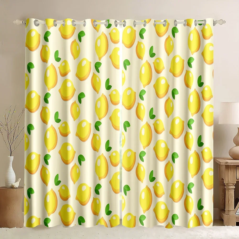 Lemon Window Curtains, Exotic Lemon Tree Leaves Yummy Delicious Kitchen Gardening Design, Lightweight Decor Blackout Curtains
