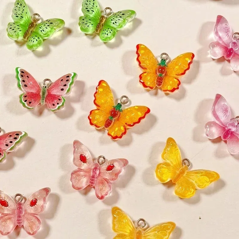10pcs Kawaii Flatback Fruit Butterfly Resin Charms Watermelon Peach Apple Pendant DIY Supplies for Keychain Earring Jewelry
