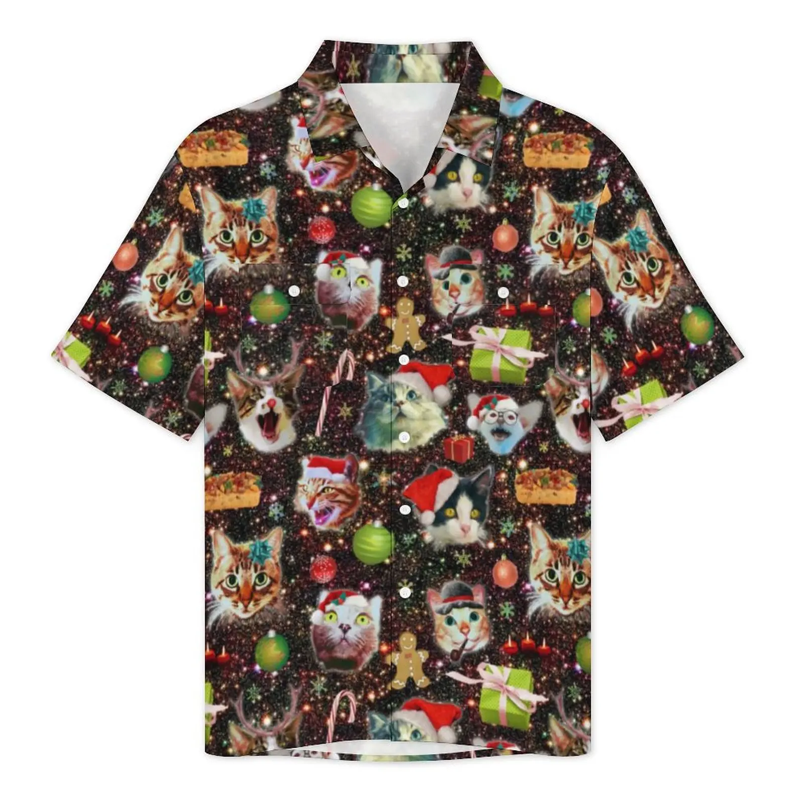 Christmas Cats Hawaiian Shirt For Man Beach Galaxy Stars Print Casual Shirts Short Sleeve Fashion Custom Retro Oversized Blouses