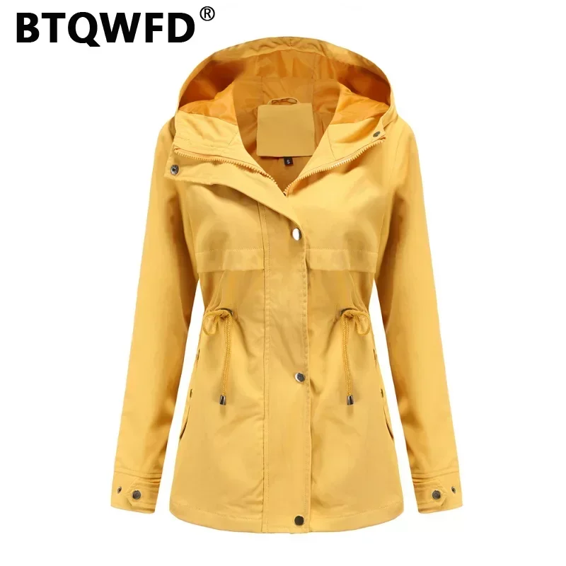 

BTQWFD Female Clothing Women's Coats Spring Autumn Winter Jackets Trench Hooded Raincoats Long Sleeves Zipper 2024 Windbreaker