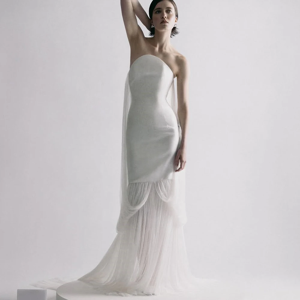 

Chic Customized Wedding Dress Strapless Sleeveless Satin and Chiffon Mermaid Floor Length Bride Sexy Open Back Sweep Train Gown