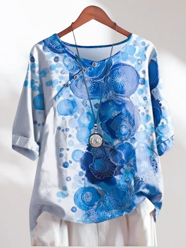 

Summer New plus Size Women's round Neck Short Sleeve Shirt Vintage Print Street Style Cotton Blend Top Trendy Casual Wear