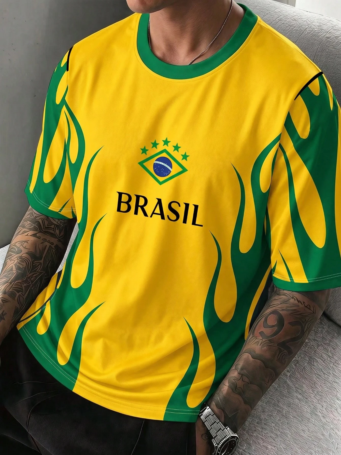 Trending Hot Sale Yellow Green Brazil T-Shirt Abstract Flame & Fierce Jaguar Soft Short Sleeve Athletic Top For Street And Sport