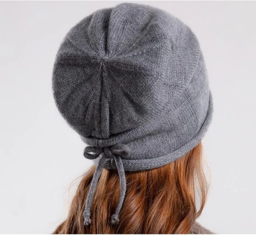 Women's Hat Warm Winter Thin Knit Pile Cap Round Top Pullover Hat Comfortable Breathable Solid Back Lanyard Head Beanie