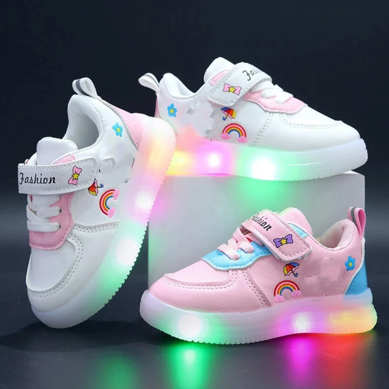 Girls Sneakers Baby Leather Led Light Board Shoes Girls Outdoor Sneaker Children\'s Toddler Anti-slip Walking Shoes Spring Summer