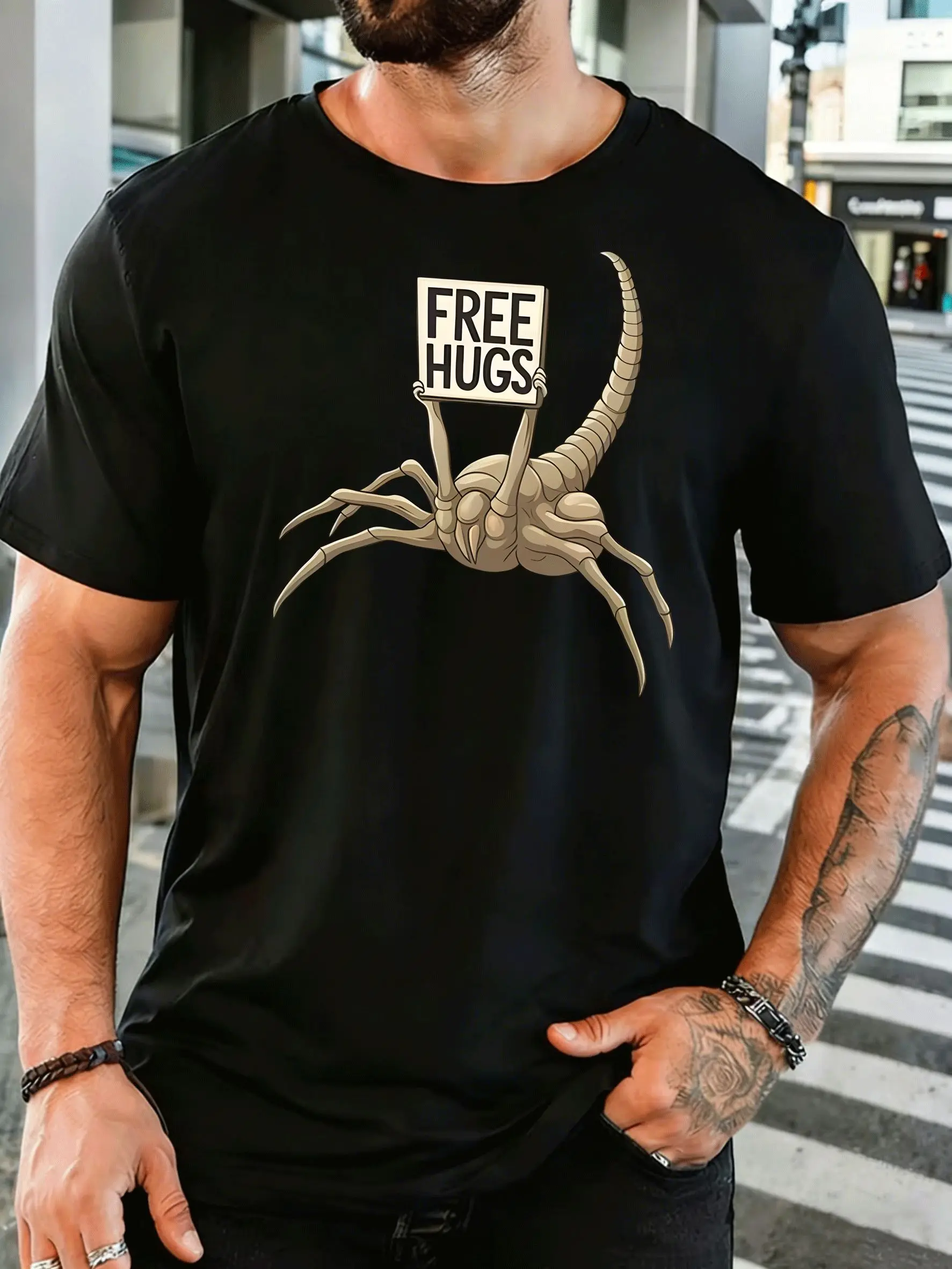 Men Short Sleeve T Shirt Free Hugs Scorpion Tee Funny Monster Print Tops Summer Soft Cotton Casual Street Wear For Adult Male
