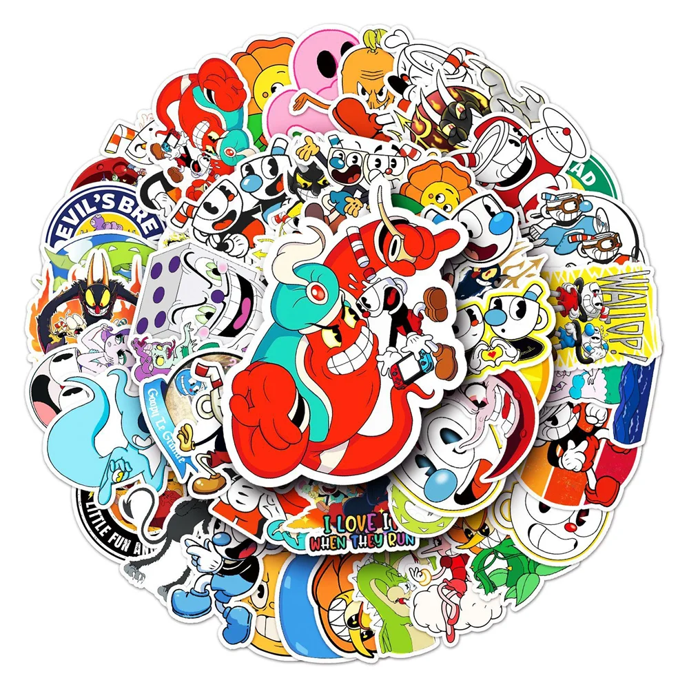 50pcs Game Cuphead Graffiti Stickers For Kids Toys Luggage Laptop Ipad Skateboard Journal Gift Guitar Stickers