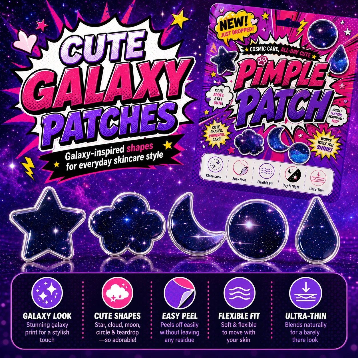 150/300/600 Pcs Cosmic Moon Star Cloud Pimple Patches, Ultra-Thin Spot Covers for Fresh Clear-Look Care view 5