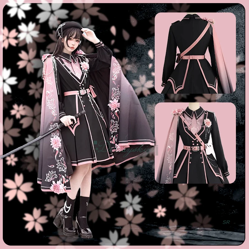 

New Vintage Gothic Lolita Dress - Pink & Black Military-Style OP Dress Cloak Coat Shawl Cloak Harajuku Carnivals Halloween