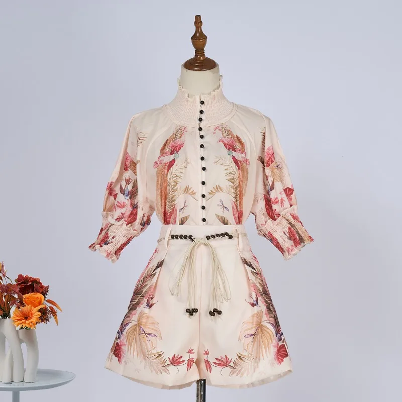 

New Short Sleeve Suit Linen Print Shirt Elegant Women Shorts Two Piece Set