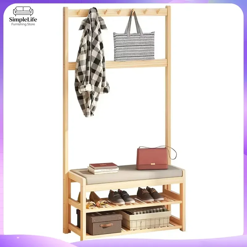 Natural Wooden Coat Rack with Shoe Shelf Eco Friendly Hat Hanger Stand Living Room Entryway Hall Tree Furniture Storage
