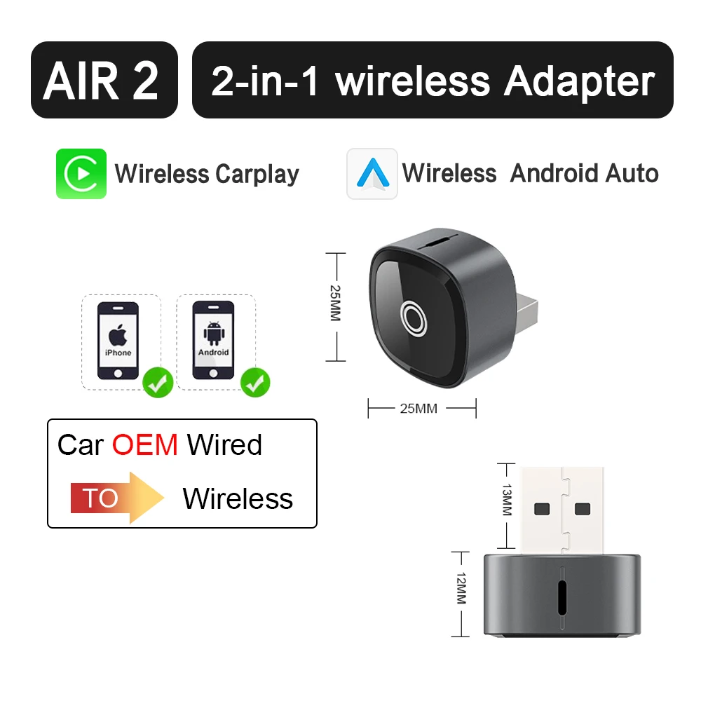 Adapter XUDA 2w1 Bezprzewodowy CarPlay i Android Auto AI Smart Box Inteligentne Systemy Samochodowe Dla VW Toyota Nissan Honda Ford Benz — zdjęcie 2