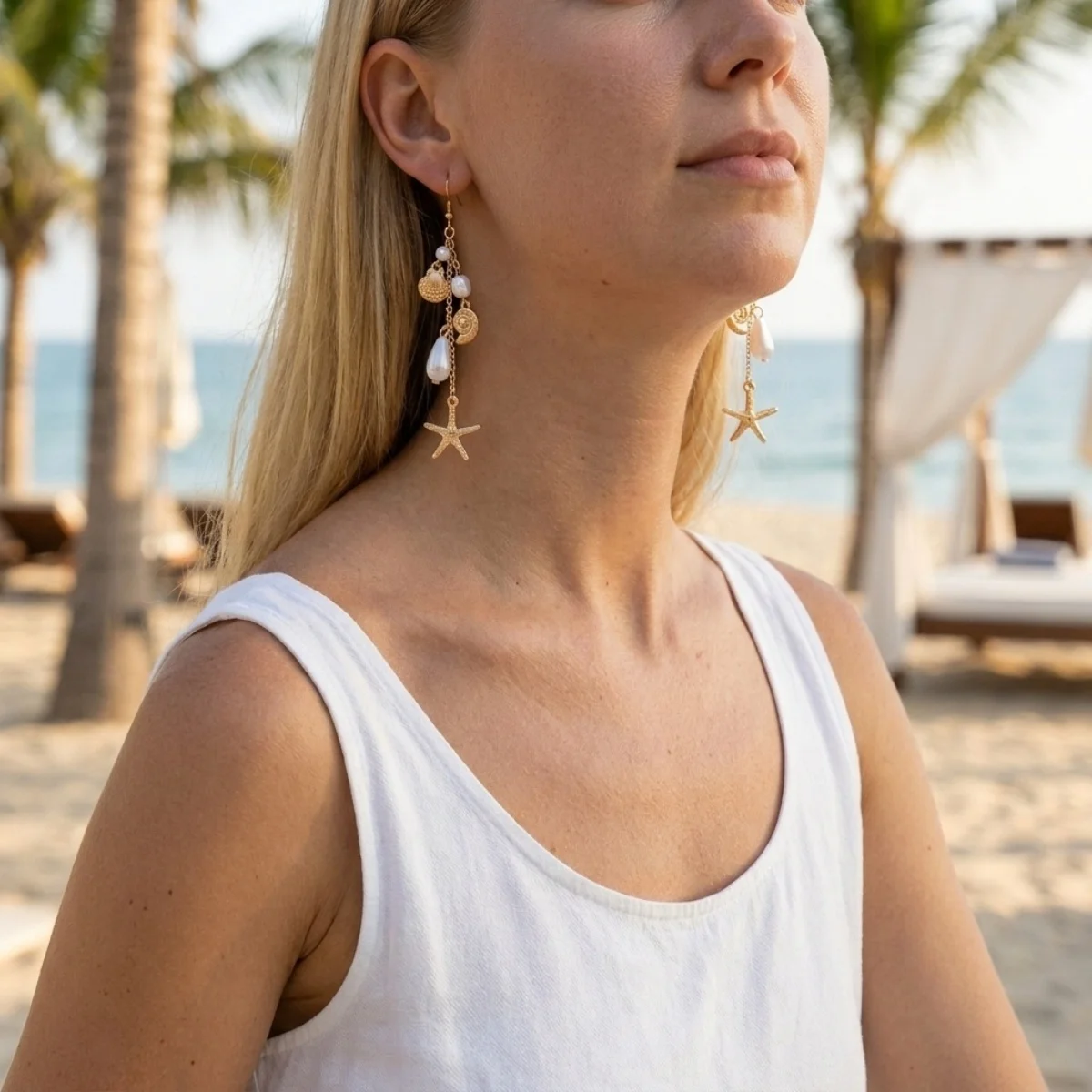 Ozean-Seestern-Ohrringe aus Acryl mit simulierten Perlenketten und Quasten für Damen, Sommer-Muschel-Seepferdchen-Schildkröten-Ohrringe, Schmuck – Detail 14