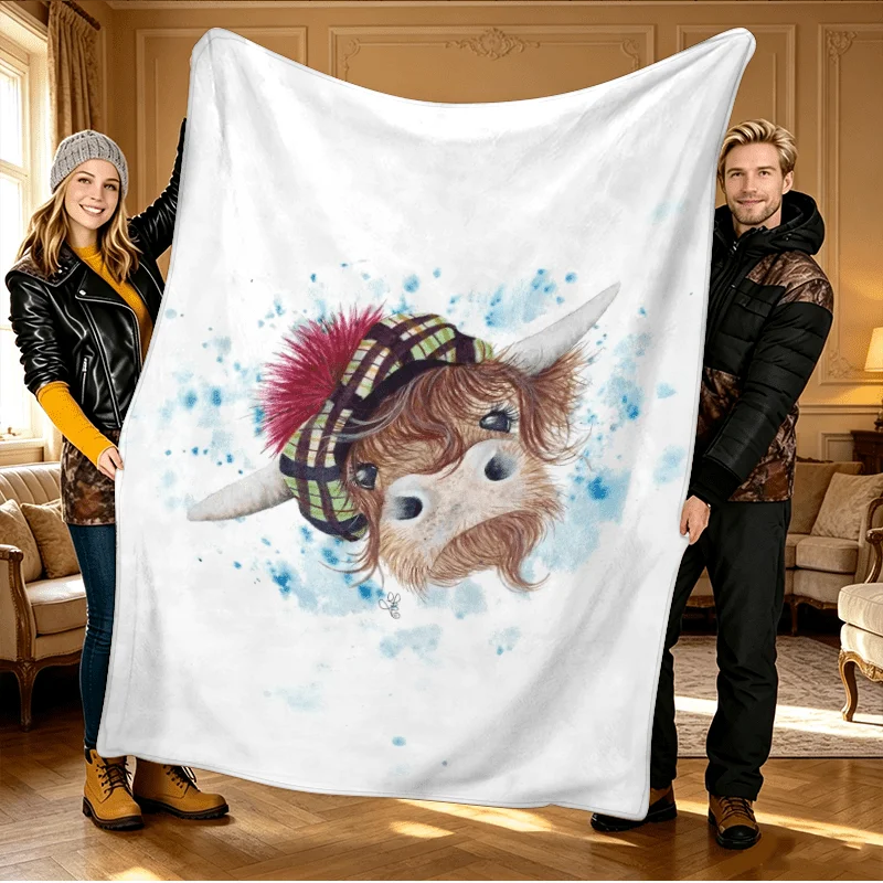 Cute Watercolor Highland Cow Portrait Throw Blanket Cozy Farm Animal Nursery Decor Gift 150x200cm
