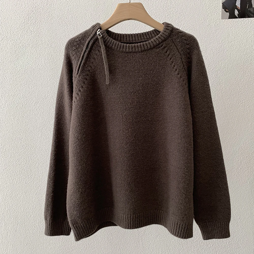 

Женские элегантные свитера в корейском стиле с круглым вырезом на молнии и длинными рукавами, вязаные топы, осень-зима, темпераментный универсальный теплый свитер