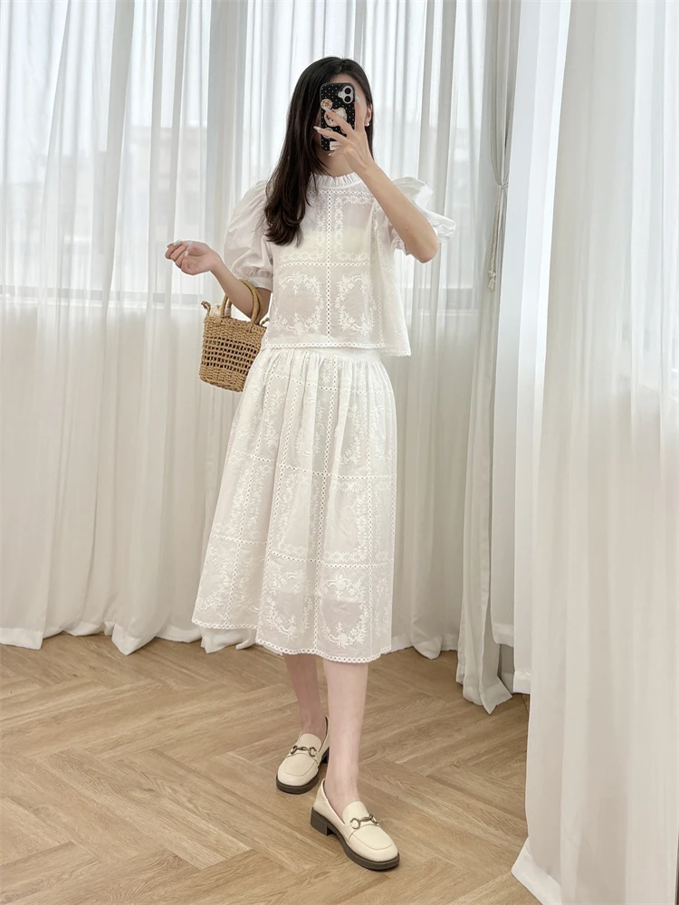 

Ele ort irt And Skirt Set with Embroidery Heavy Work White Floral Collar Top And Fairy f-length Skirt Women's Faion