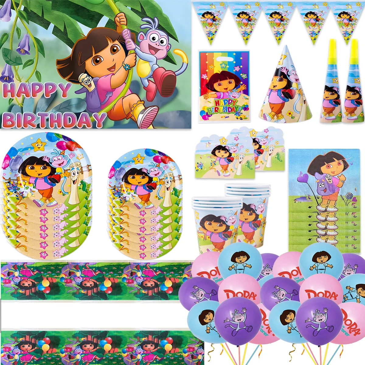 Cartoon DOra Theme Girl's Birthday Party Decor Disposable Exoplored Balloon Banner Cake Toppers Party Supplies Baby Shower Gift