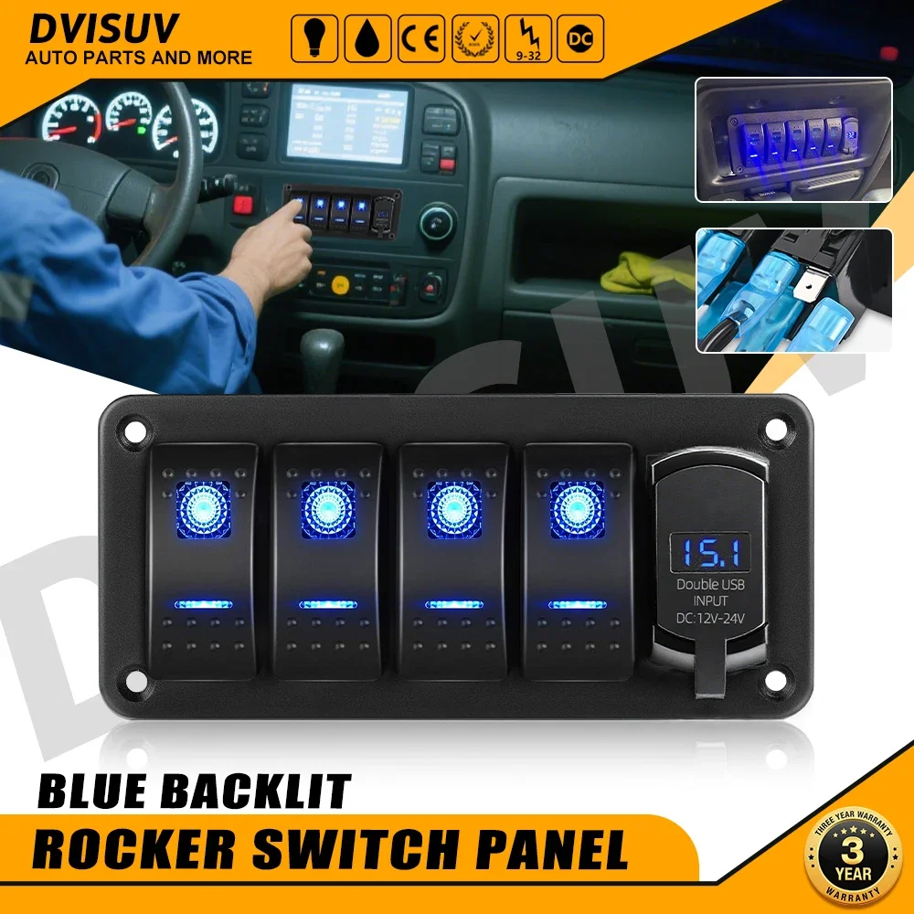 

HL 2/3/4/5/6+1 Gang Rocker Switch Panel IP68 Waterproof with Blue/Red LED Backlight On/Off Dual USB Charger off-road use