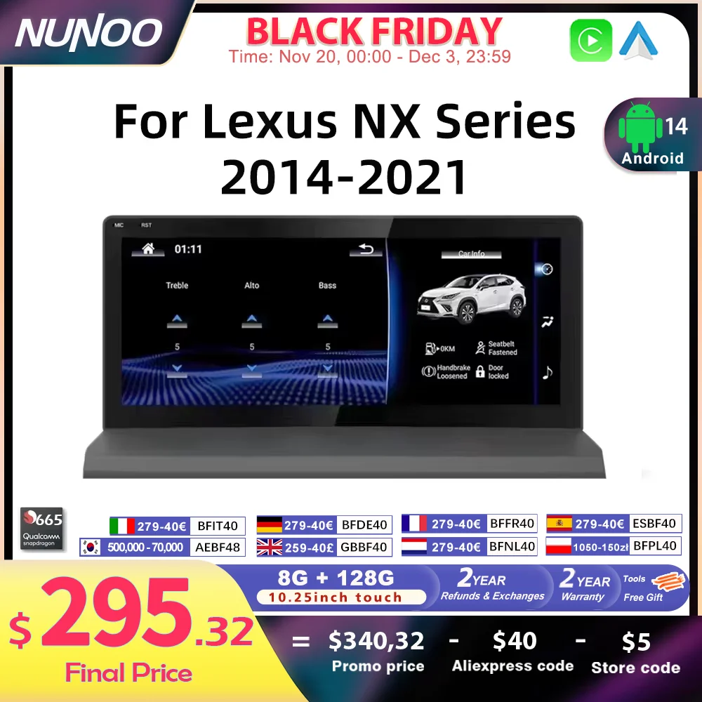 Nunoo Android 14 CarPlay Auto Radio For Lexus NX NX200 NX200T NX300h 2014-2021 Multimedia Navigation GPS DSP 4G WiFi