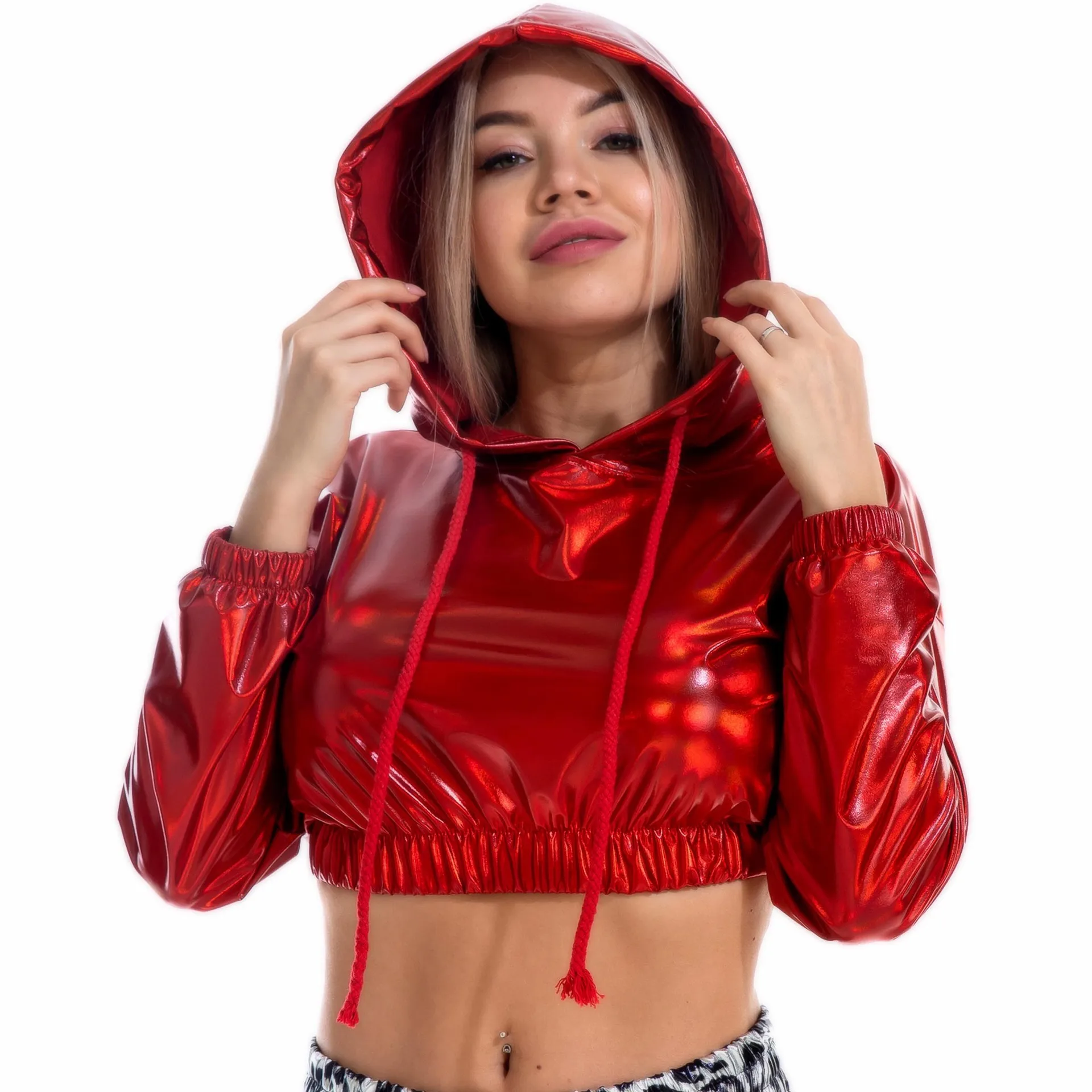 Metallic Shiny Leather Top with Sexy Leaky Navel Long Sleeved Hooded Pullover Short Hoodie Game Suit Bar Party Performance Suit