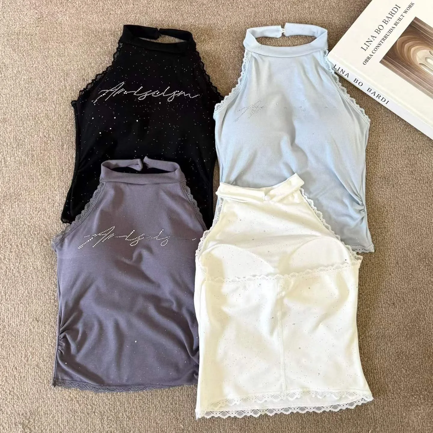 Summer New Pure Desire Rhinestone Letter Splice Backless Neck Hanging Vest Women Slim Fit Fixed Band Chest Pad Versatile