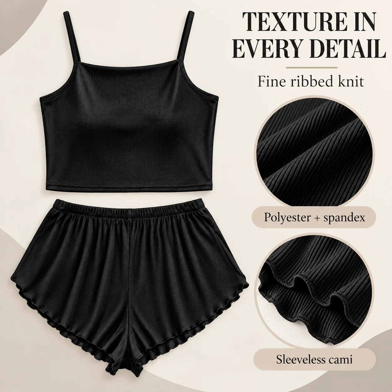 Women's Ribbed Pajama Set Square Neck Crop Cami Top and Ruffle Shorts Two Piece Summer Sleepwear Black Pink White S-1XL