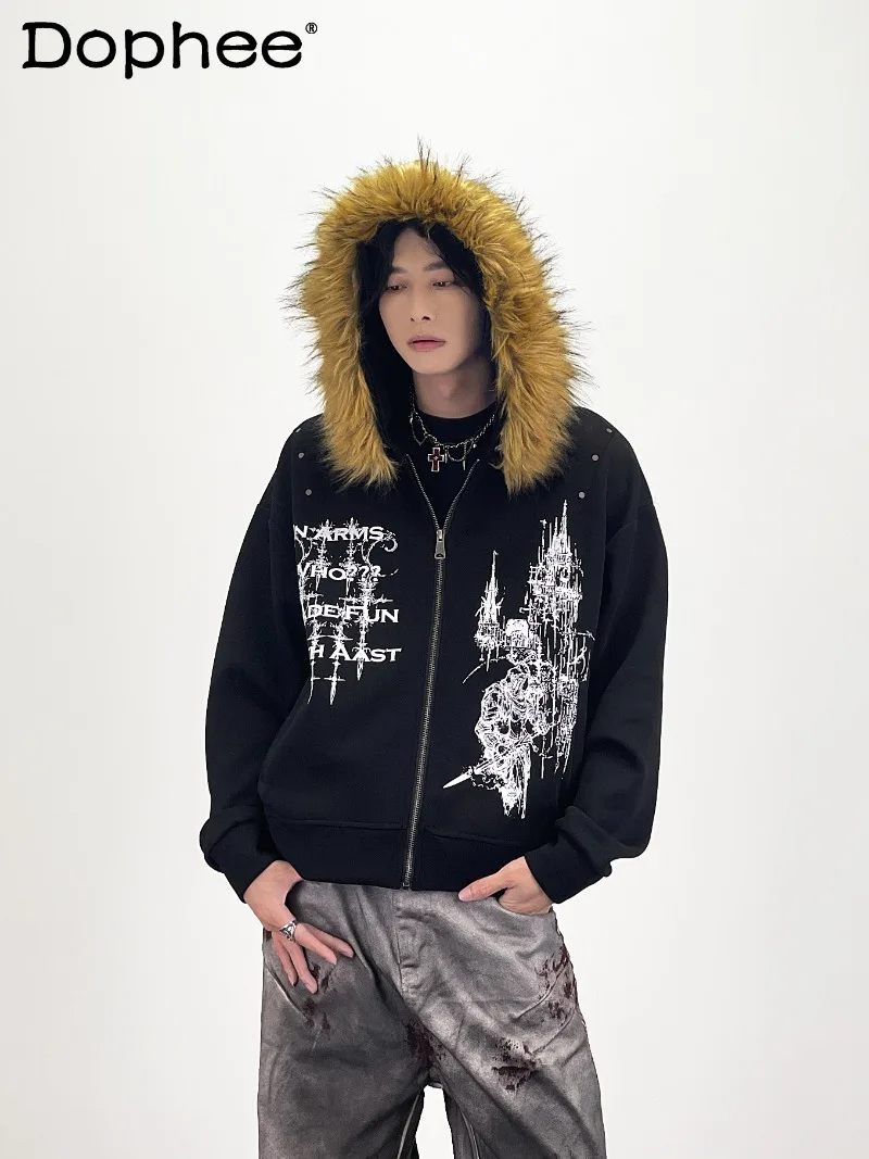 Y2K ثقافة فرعية أمريكية شارع العليا الموضة العصرية الفراء طوق مقنعين البلوز فضفاضة عادية سترة قصيرة سترة