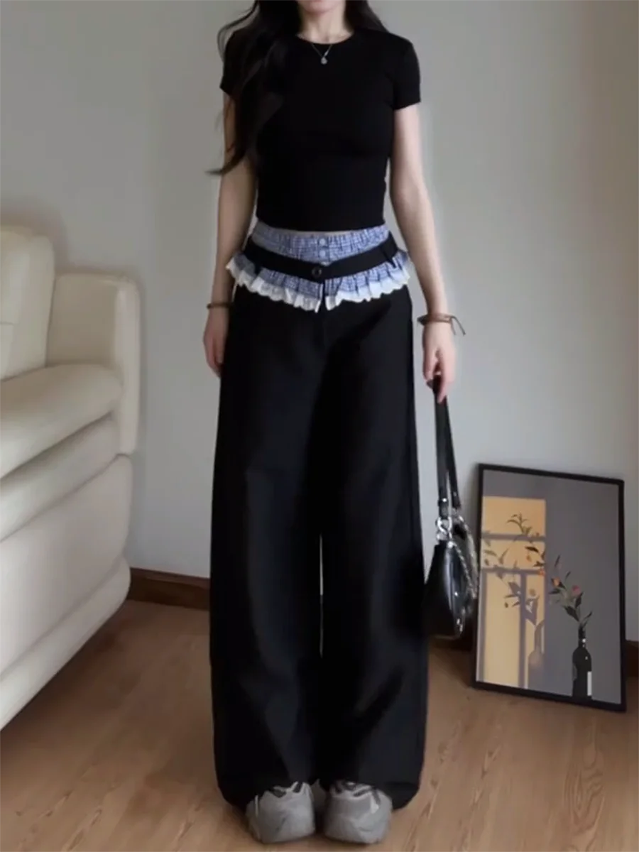 

Комплект: брюки-палаццо с высокой талией и свободным кроем, а также футболка оверсайз, женский, весенний, в клетку, с кружевными вставками, длиной до пола