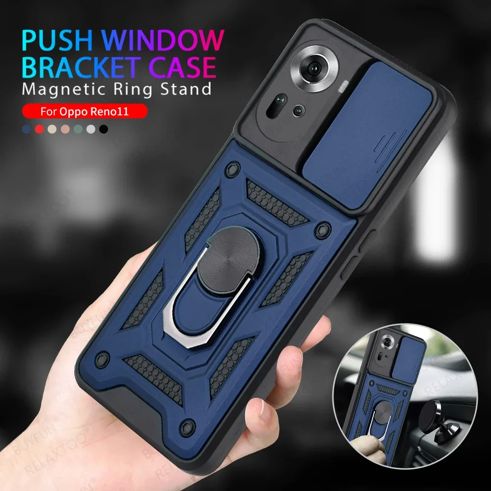 Reno11Pro Case Ring Holder Push Window Armor Phone Case For Oppo Reno11 Pro Reno11F Reno 11 11Pro Soft Shockproof Bumper Cover