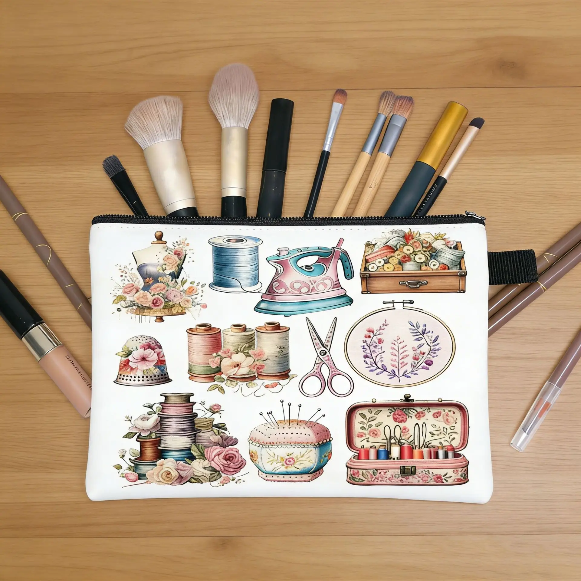 Vintage Sewing Supplies Makeup Bag Floral Thread Scissors Iron Print Canvas Zipper Cosmetic Pouch Travel Storage Gift Bag
