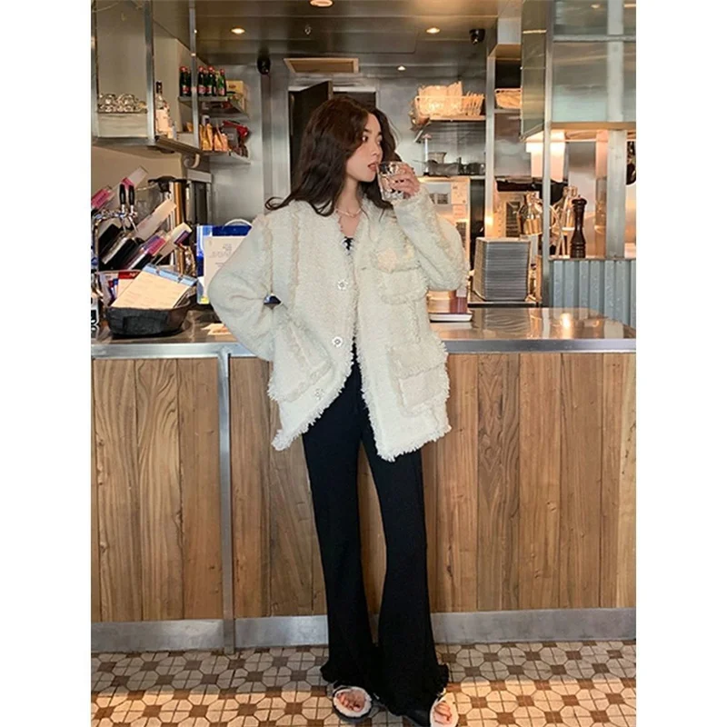 Simple Spring And Autumn New Loose Fashion Korean Tweed V-Neck Long Sleeve Tassel Loose Temperament Small Fragrance Coat Woman