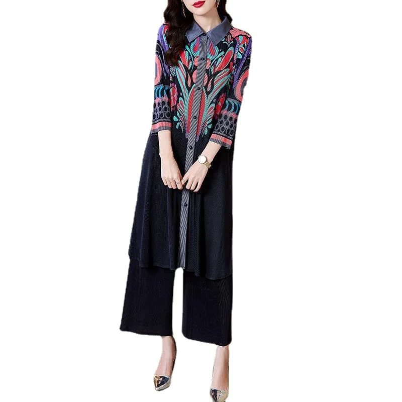 Miyake Pleated Suit Women\'s 2023 Autumn Shirt Collar Positioning Printing Fashion Shirt Dress Elastic Waist Pants Two-Piece Set