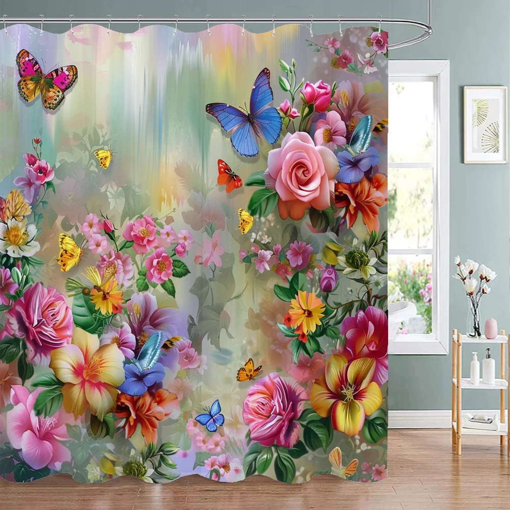 

Цельная занавеска для душа с акварельным цветочным принтом, декоративная занавеска для душа в ванной комнате, водонепроницаемая занавеска для душа с крючками