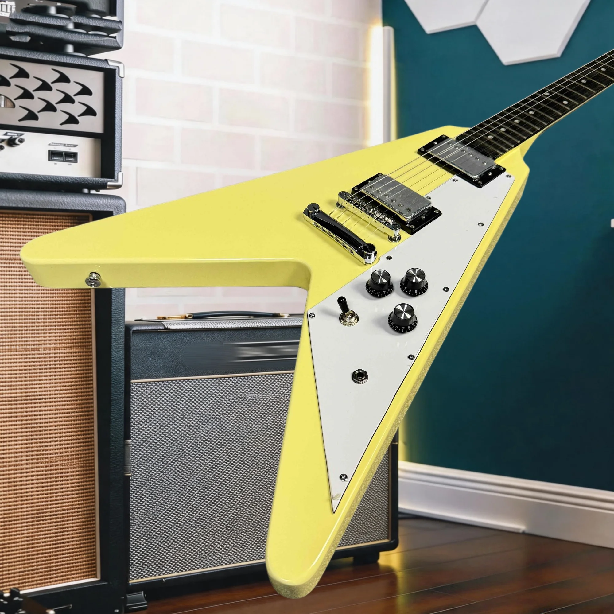 lying V Solid Body Electric Guitar Cream Yellow Gloss Finish White Pickguard, HH Humbucker Fixed Bridge, Sharp Cutting