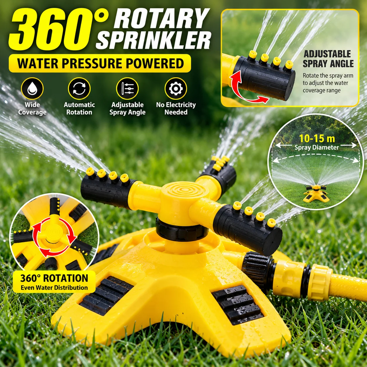 360° Rotary Lawn Sprinkler, Water Pressure Powered Garden Irrigation, Adjustable 3-Arm Spray Head for Yard Lawn, 10-15m Coverage