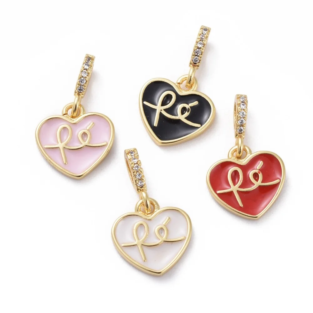 Cubic Zirconia Charms Cadmium Free Lead Free with Brass Findings and Enamel Heart Golden Mixed Color 12x11.5x2mm Hole: 2x3.5mm