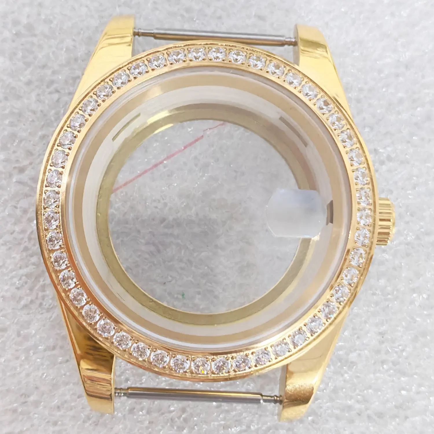 41mm*13mm Gold Plated Watch Case with Diamond Artificial Sapphire Glass Transparent Back for 8285 Movement for 31mm Dial