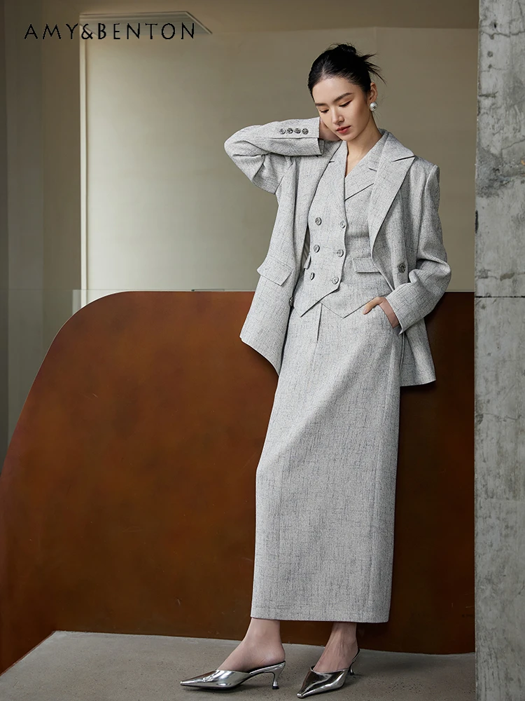 Spring and Autumn New Office Lady Business Temperament Outfits Women Loose Suit Jacket Slim Fit Vest Midi Skirt Three-Piece Suit