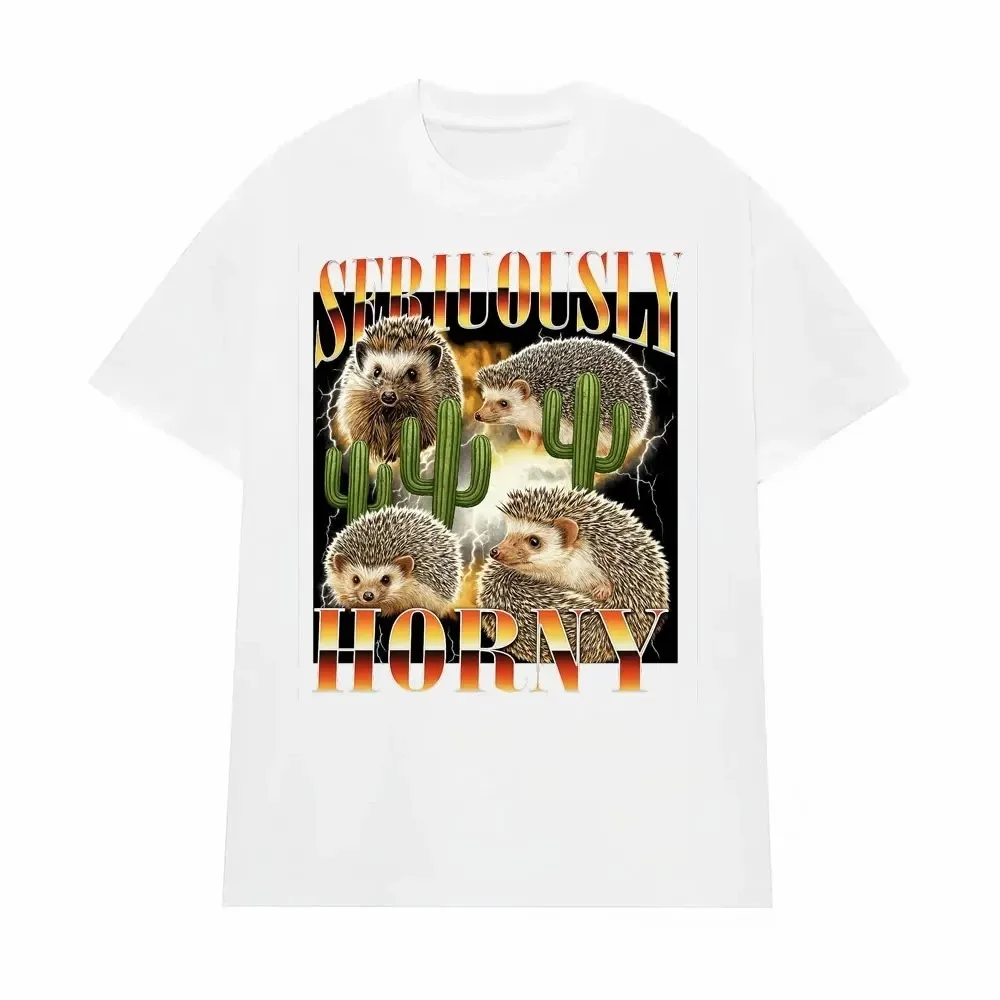 Cute Hedgehog Cactus Graphic T-Shirt Funny Animal Slogan Tee Summer Short Sleeve Casual Unisex Streetwear Fashion Top