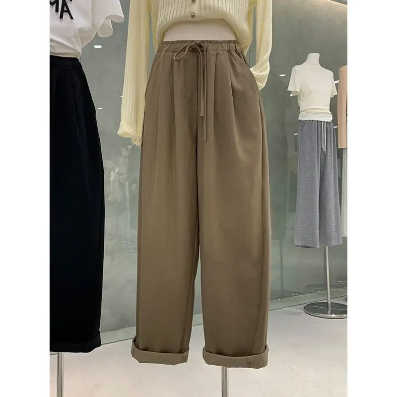 

Широкие прямые брюки с высокой талией для женщин весной и осенью, свободные повседневные брюки на шнуровке с эластичной резинкой на талии