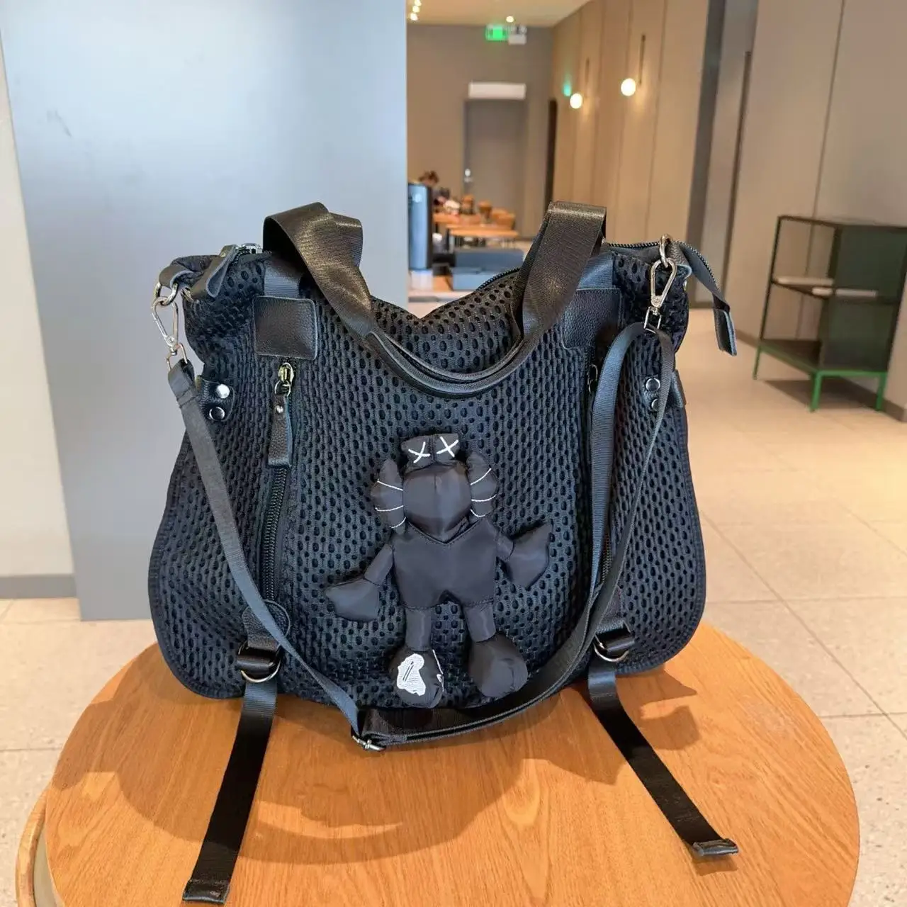 

Women Casual shoulder crossbody bags mesh tote bag with cowhide leather shopping travel commuting large doll handbag female