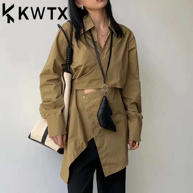 

KWTX Khaki Vintage Elegant Luxury Blouse Irregular Cross Waist Cinching Designer Spring Summer 2025 Trendy Shirts