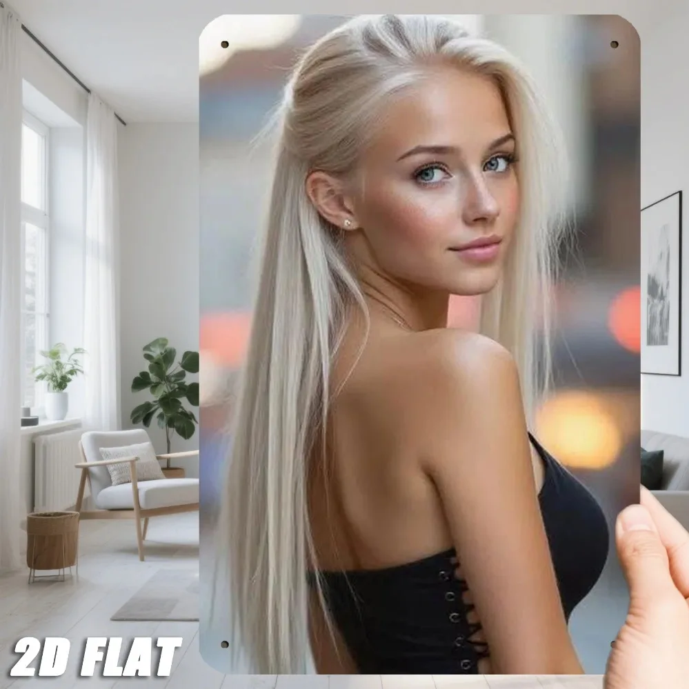 Vintage Glamorous Blonde Woman Metal Tin Sign - Retro Striking Girl with Long Platinum Blonde Half-Up Hair in Black Strapless La